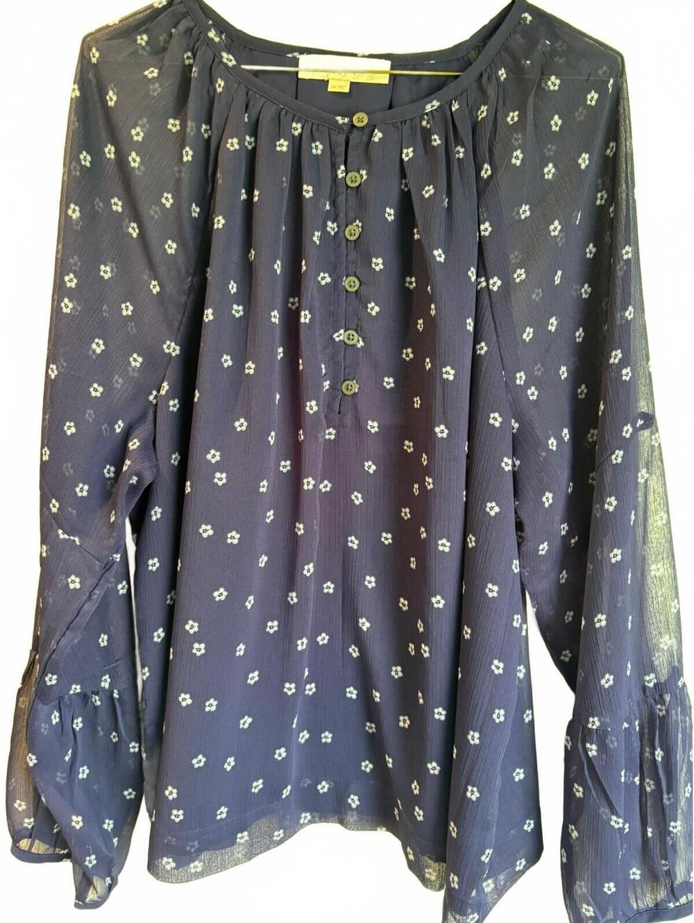 LOFT Women's XL Navy Blue Sheer Floral Button-Up Blouse with Long Sleeves